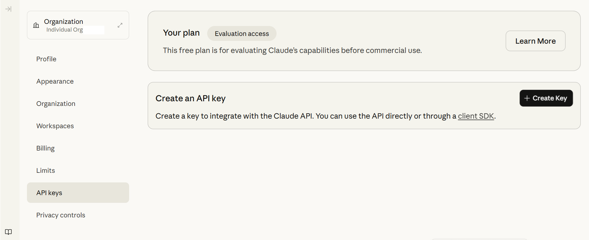 claude api keys menu